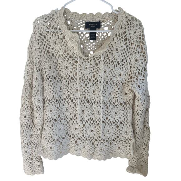 Express Sweaters - Express Handknit Women's Medium Cream Floral Crochet Sweater Top Cottage Boho